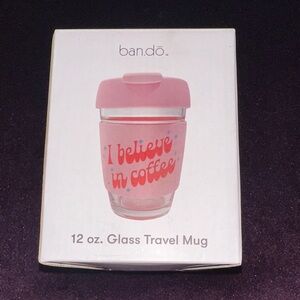 ban.do “I Believe in Coffee” Pink Glass Travel Mug with Silicone Sleeve & Lid